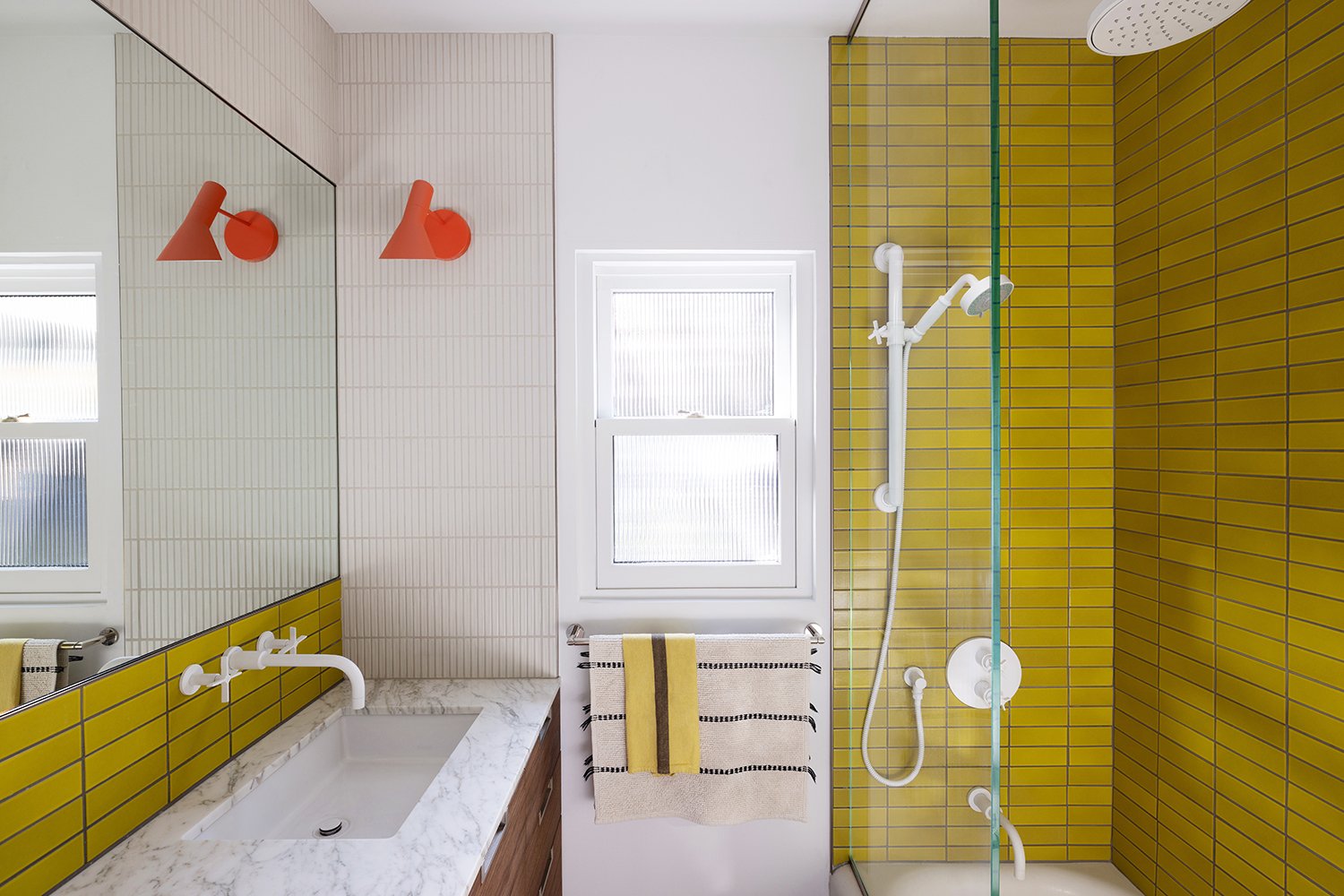 Wabi sabi bathroom with Chartreuse yellow tiles