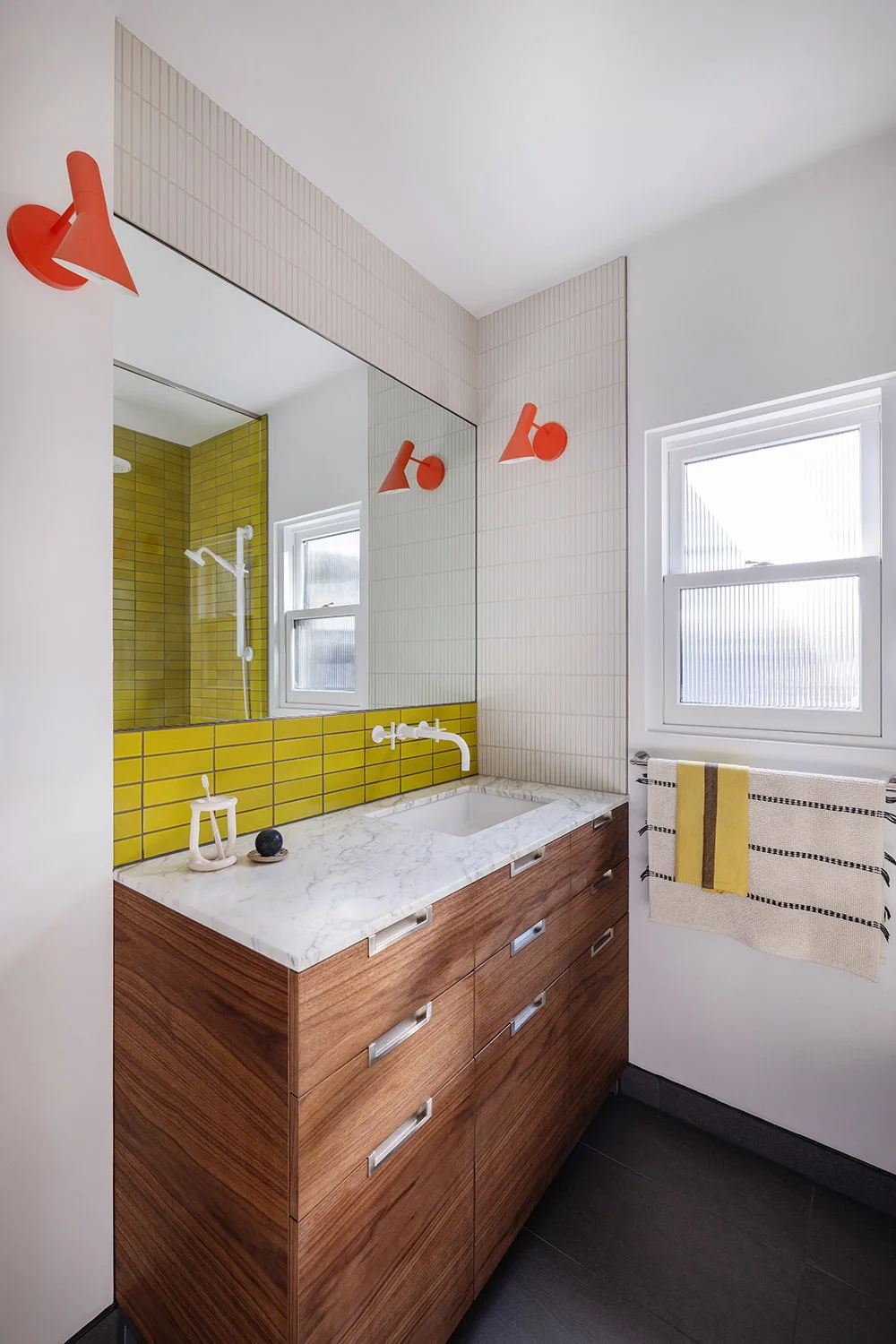Custom design vanity, Florence Knoll style with Chartreuse yellow tiles