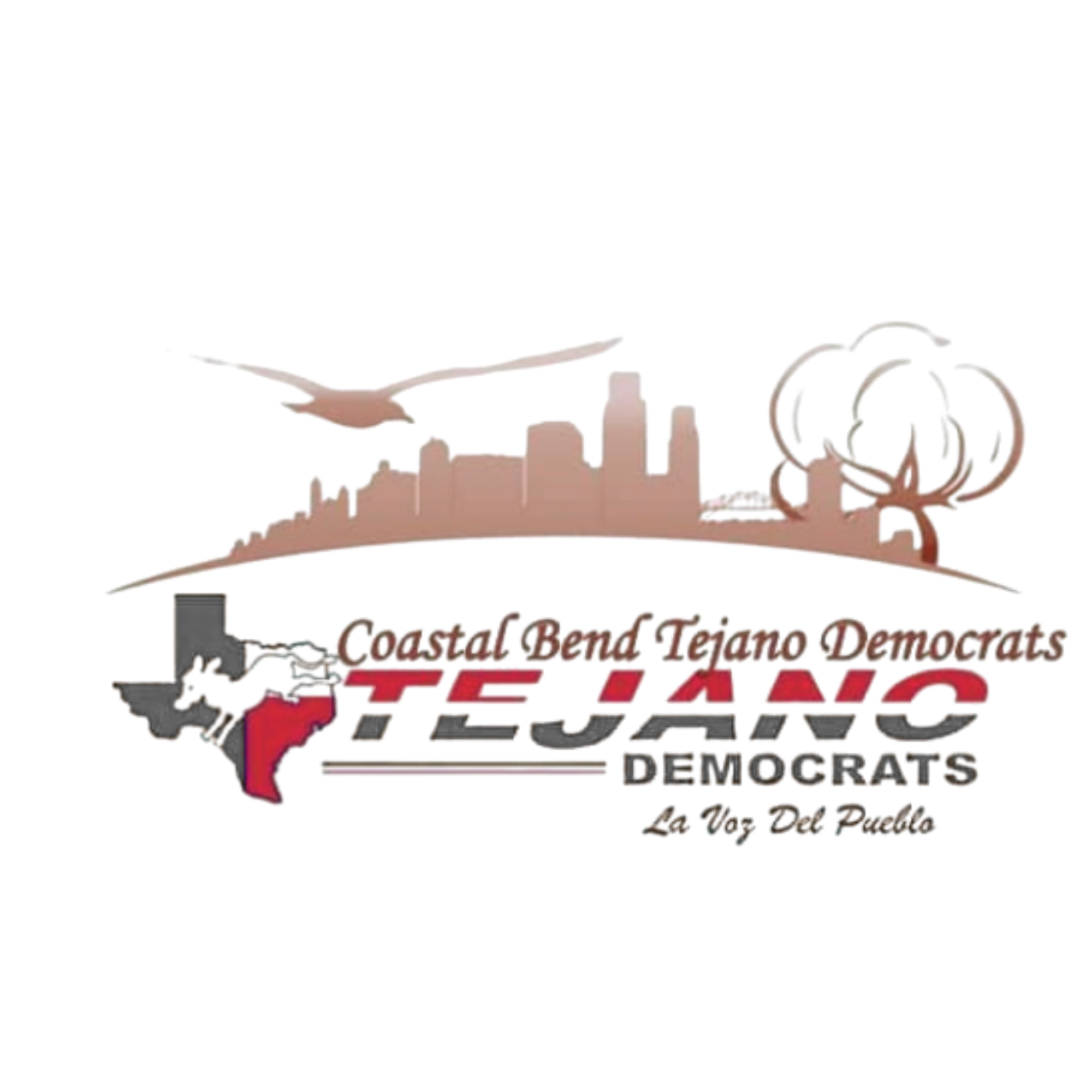 Silhouette of a city skyline with a bird flying above, and a graphic of a pumpkin on the right, with text that reads 'Coastal Bend Tejano Democrats' and 'La Voz Del Pueblo'.
