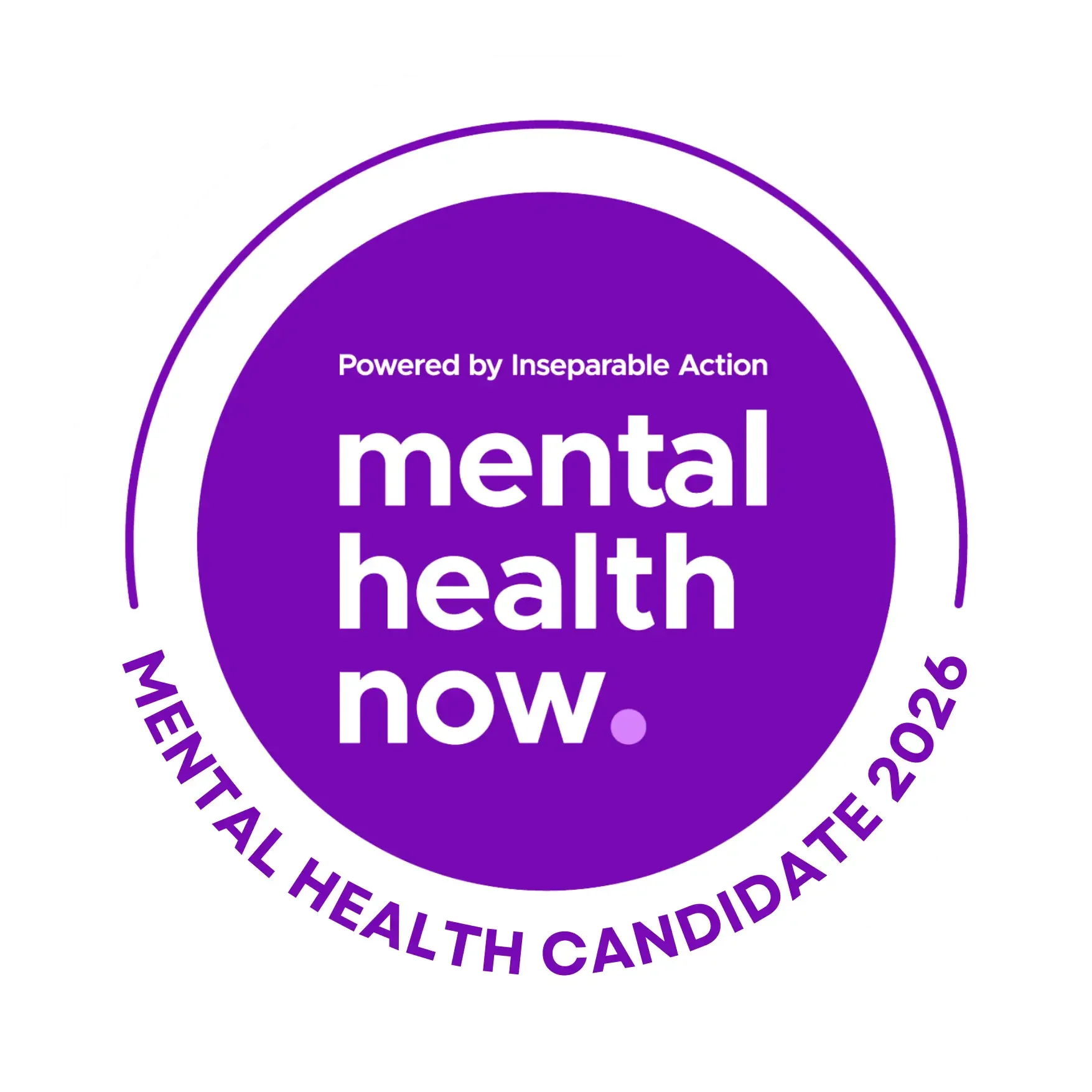 Purple circular badge with white and purple text promoting mental health awareness and action, including a website URL and social media handle.