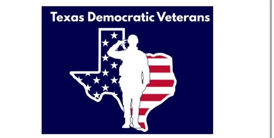 Logo for Texas Democratic Veterans featuring a silhouette of a saluting soldier in front of a stylized outline of Texas filled with an American flag pattern.