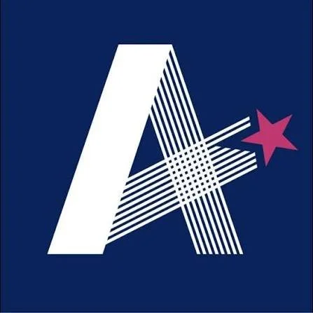 Logo with a stylized letter 'A' and a pink star on a dark blue background.