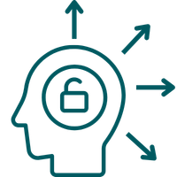 Line drawing of a human head with a lock inside, and arrows pointing outward from the head in four directions.
