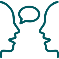 Silhouettes of three faces in profile engaged in conversation with speech bubbles.