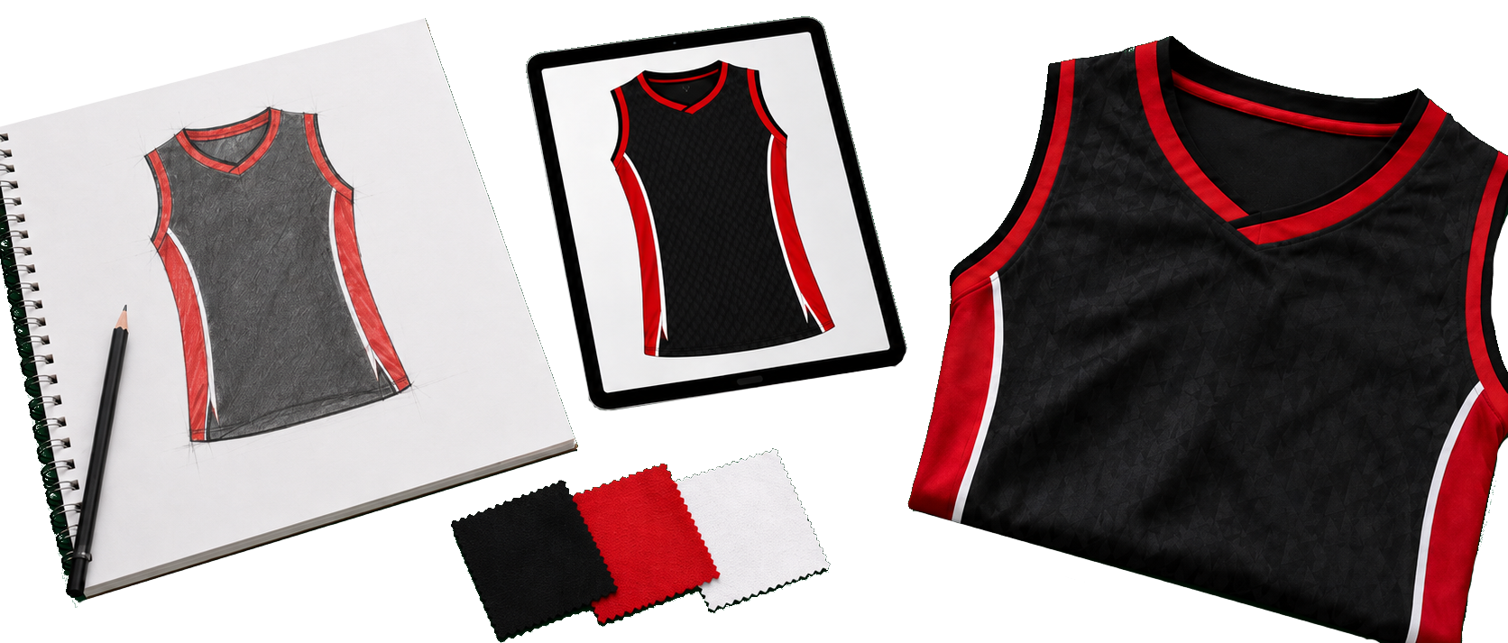 Basketball jersey design process with sketches, digital rendering, fabric swatches, and a finished black and red jersey