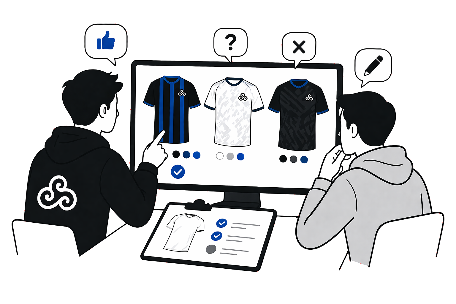 Two people discussing soccer jerseys on a computer screen, with one selecting a jersey and a checklist at their side.