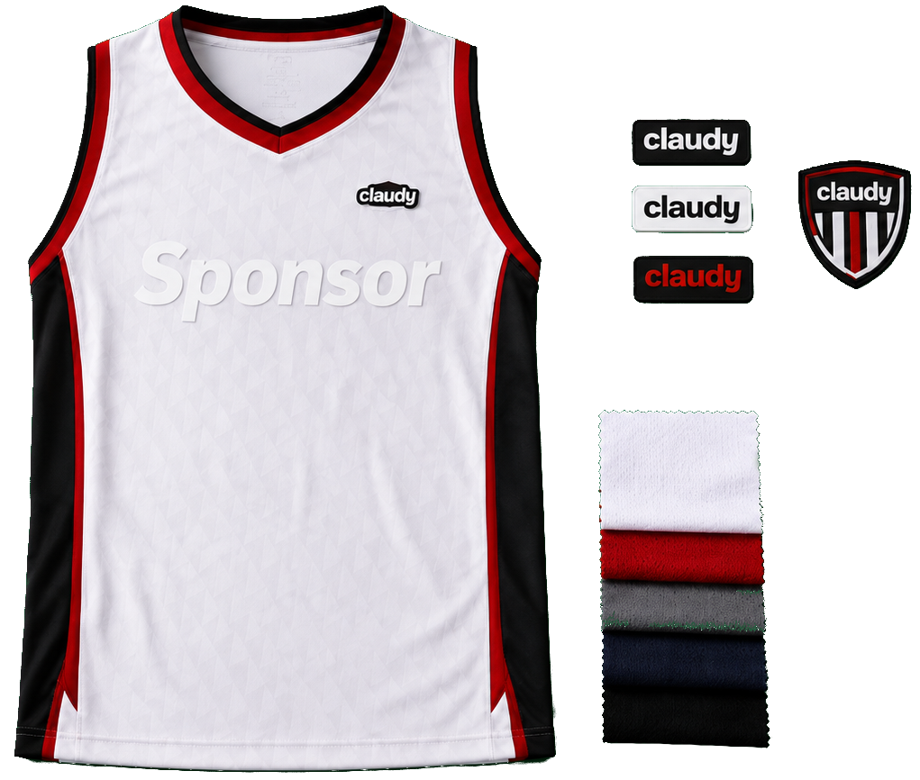 A white sports jersey with red and black accents, featuring a "claudy" logo, the word "Sponsor" on the front, and a patch with the same logo. To the right, there are fabric swatches in white, red, gray, navy blue, and black, along with patches and a badge with "claudy" logos in black, white, and red.