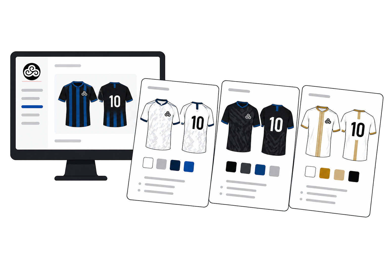 Digital design of customizable soccer jerseys with color options in front of a computer screen displaying a jersey with blue and black vertical stripes.