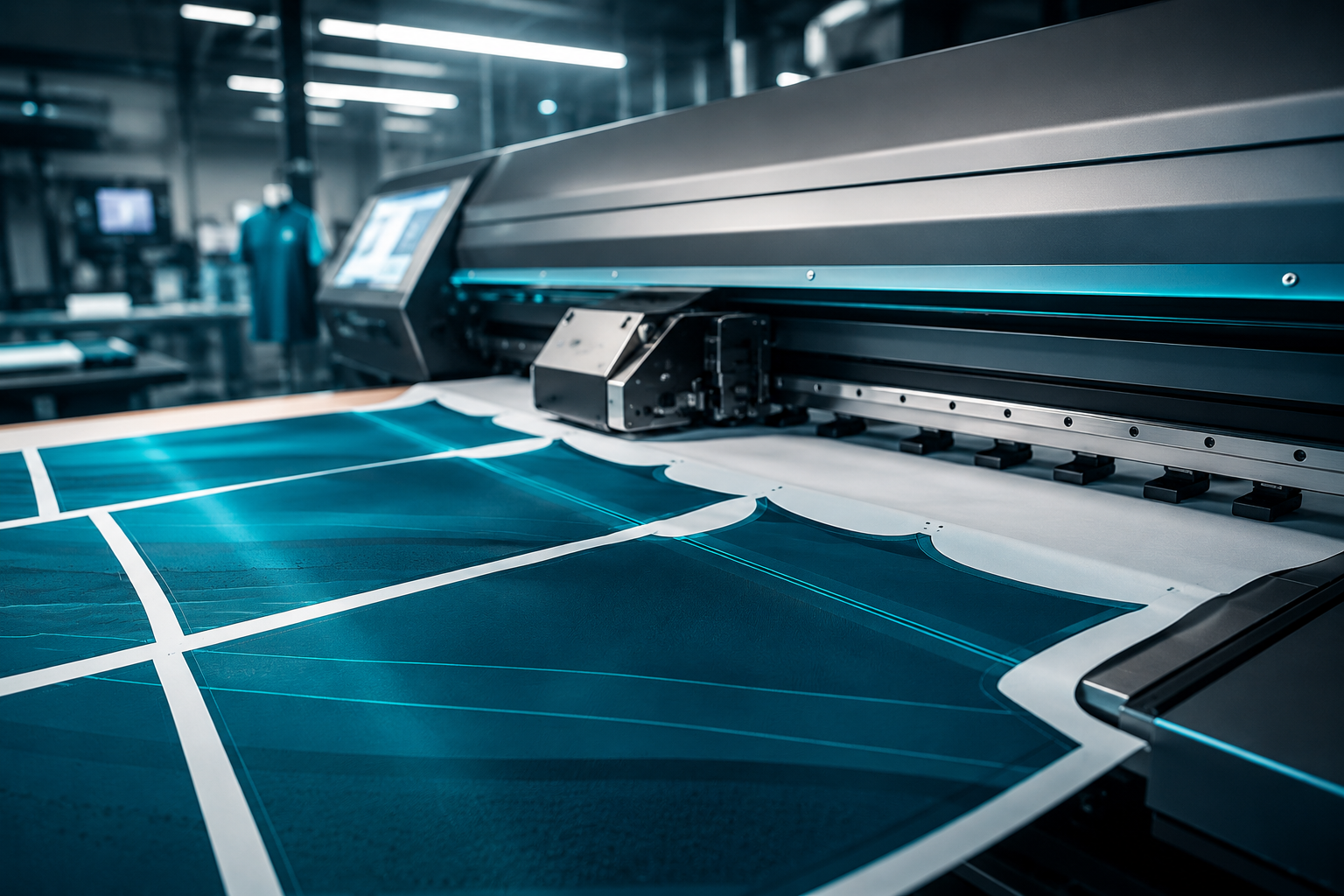 Close-up of a cutting-edge industrial printer printing solar panel sheets in a modern factory.