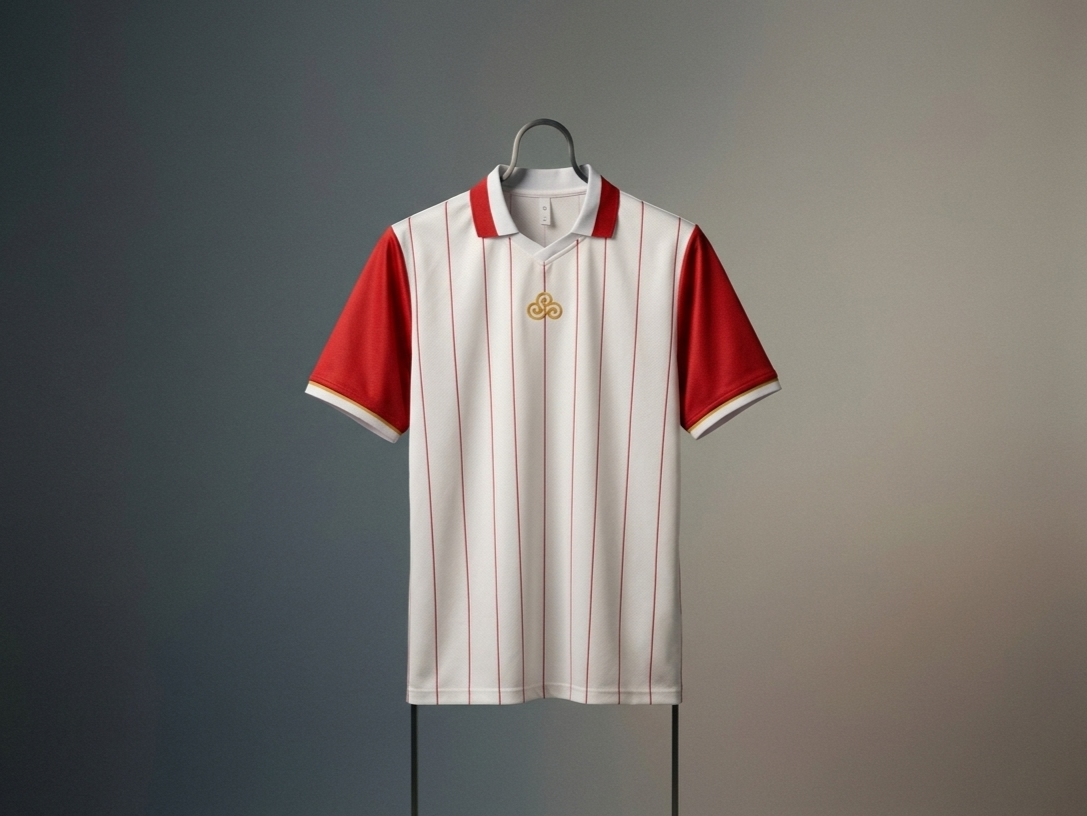 White sports jersey with red pinstripes, red sleeves, and a gold logo on the front, hanging on a hanger against a plain background.