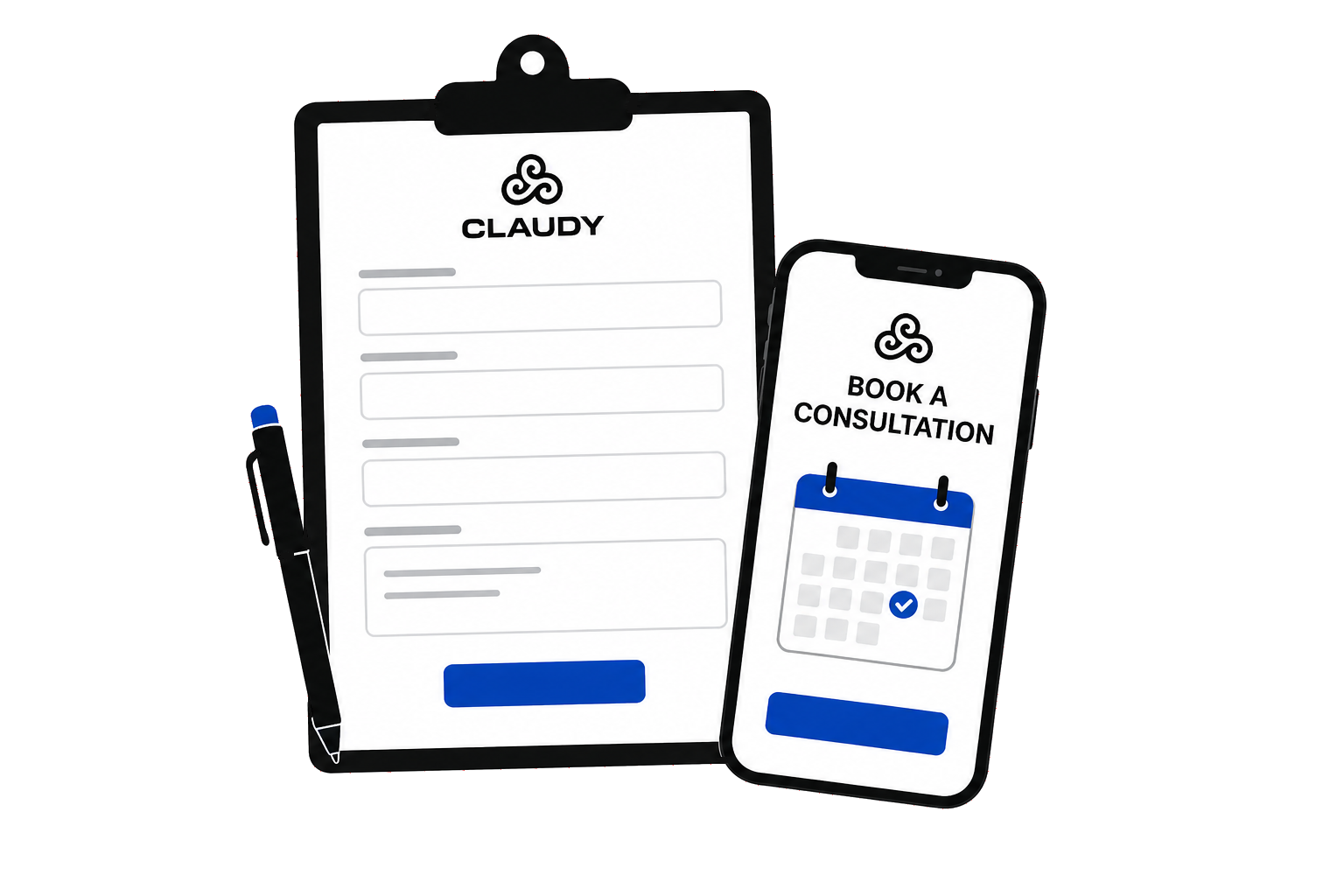 A clipboard and a smartphone displaying the words 'Book a Consultation' with a calendar icon and checkmark, and a pen resting next to the clipboard.