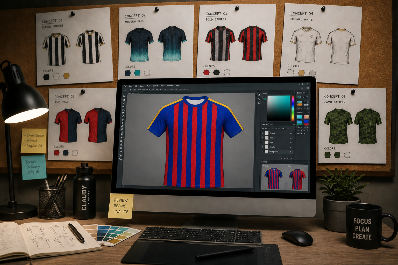 Design workspace with a computer screen displaying a colorful, patterned football jersey. Wall posters show various t-shirt concepts with designs and color options, including classic stripes, modern fade, bold stripes, minimal white, two-tone, and camo pattern. The desk has a notebook, color palette, pen, black water bottle, potted plant, and a coffee mug with the words "FOCUS PLAN CREATE." A lamp illuminates the workspace.