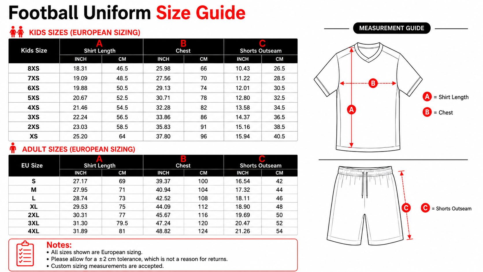 Size guide for kids' and adult's football uniforms, including measurements for shirt length, chest circumference, and shorts outseam, with diagrams illustrating measurement points on a shirt and shorts.