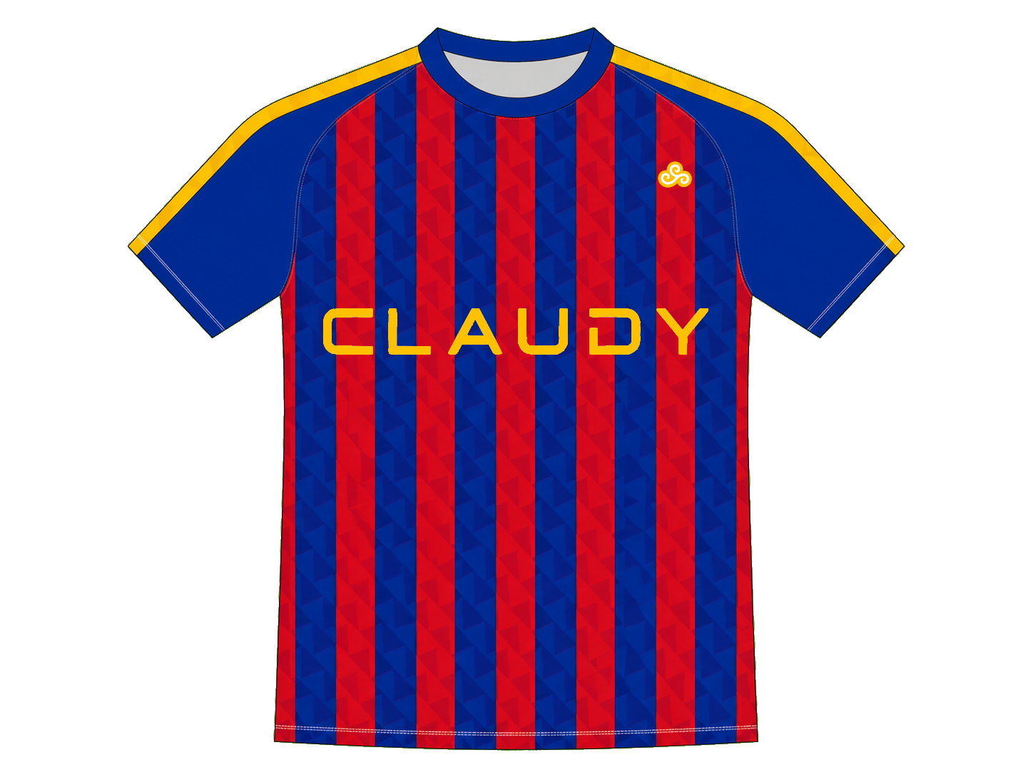 A soccer jersey with blue and red vertical stripes, yellow text reading "CLAUDY" across the front, and yellow and blue accents on the shoulders and collar.