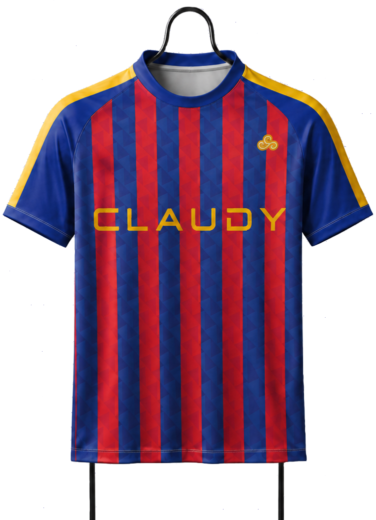 A soccer jersey with blue and red vertical stripes, yellow accents on the shoulders, the word 'CLAUDY' in yellow across the chest, and a small logo on the upper right chest.