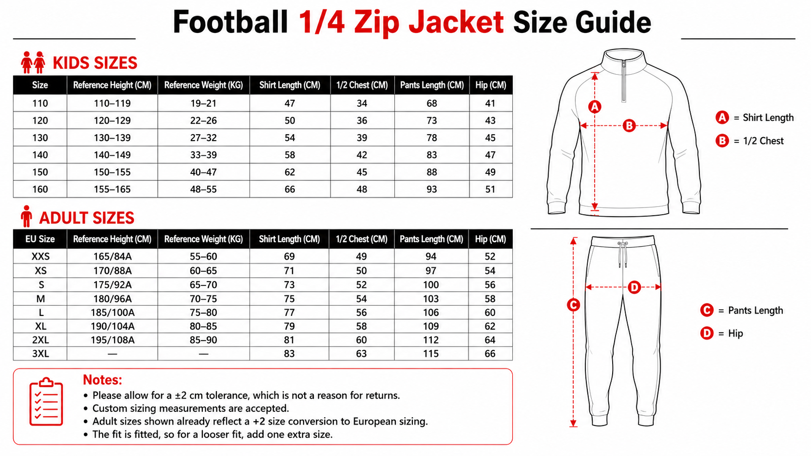 Football size guide chart displays measurements for kids and adult sizes, including shirt length, 1/2 chest, pants length, hip, and reference height and weight.