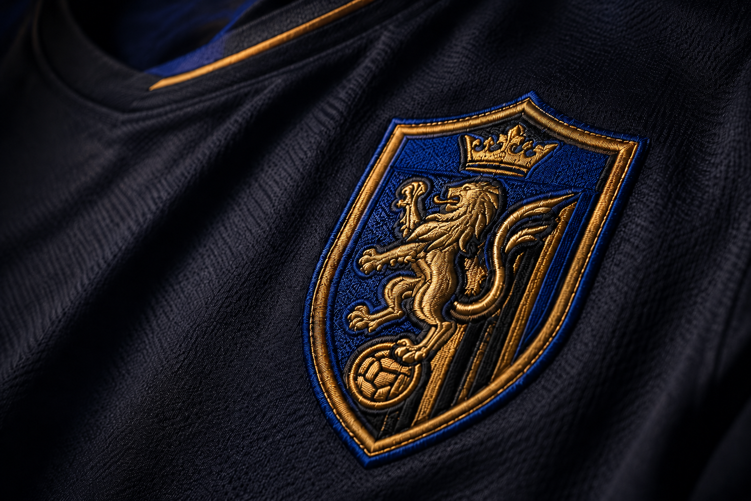 Close-up of a badge on a black sports jersey with a gold and blue embroidered crest featuring a lion with a crown and a soccer ball.