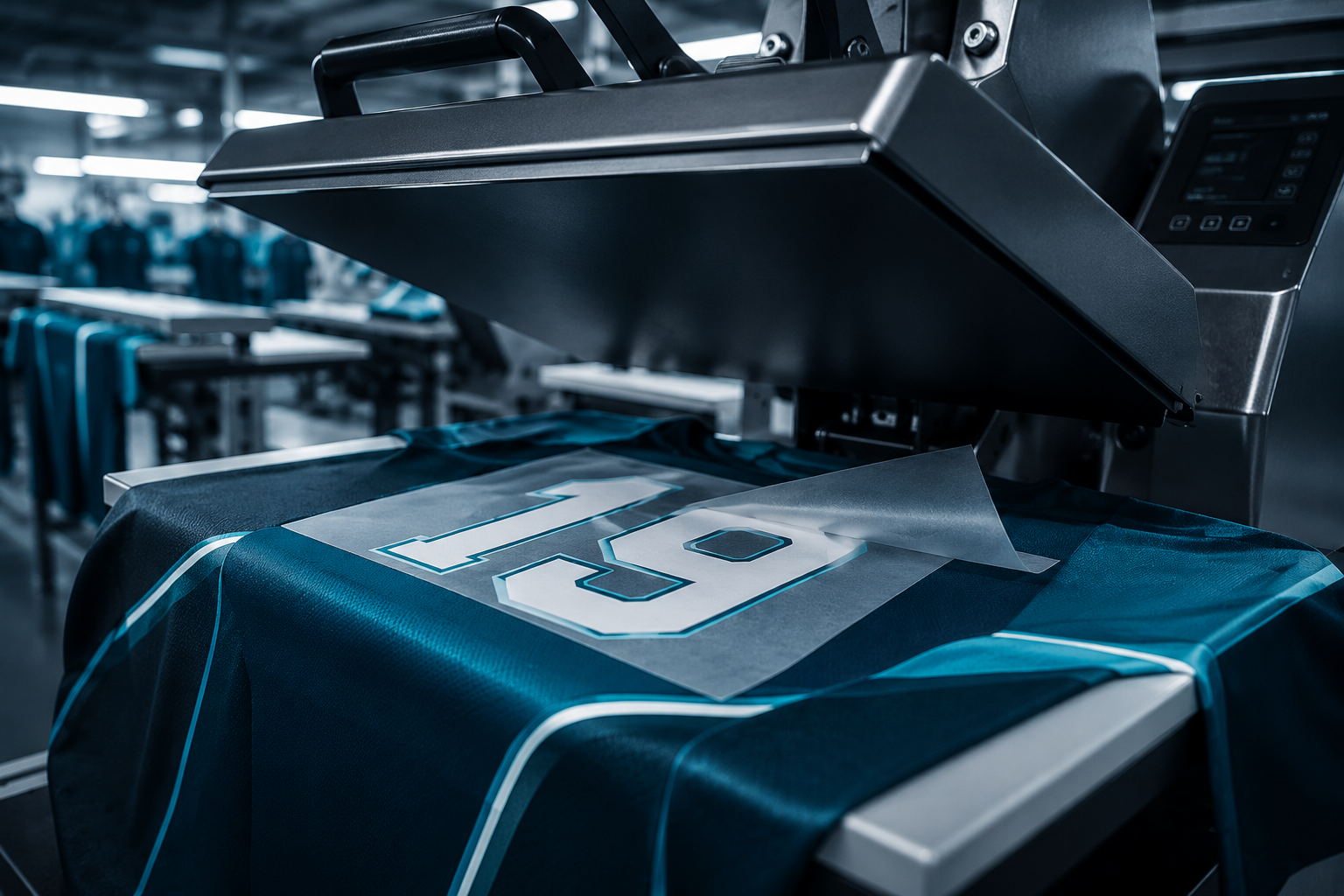 A heat press machine printing a number at a sports jersey printing facility.