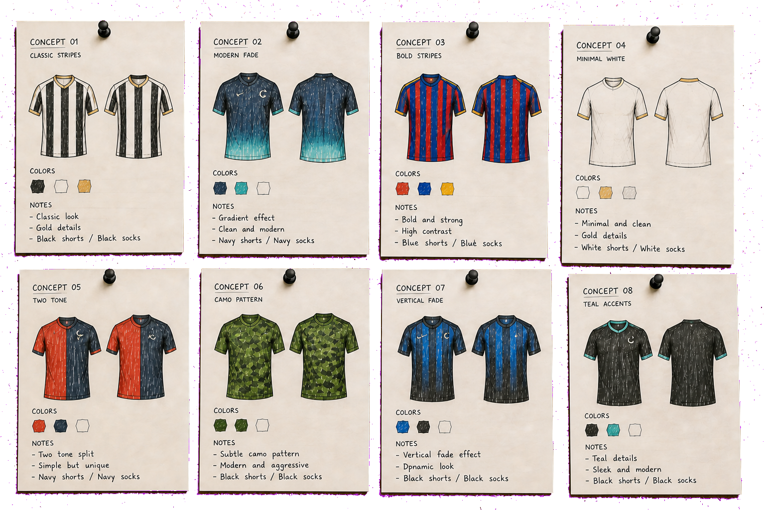 A display board shows eight different soccer jersey concepts, each with sketches, color options, and notes on design features. The designs include classic stripes, modern fade, bold stripes, minimal white, two-tone, camo pattern, vertical fade, and teal accents, with color swatches and descriptive notes beneath each concept.