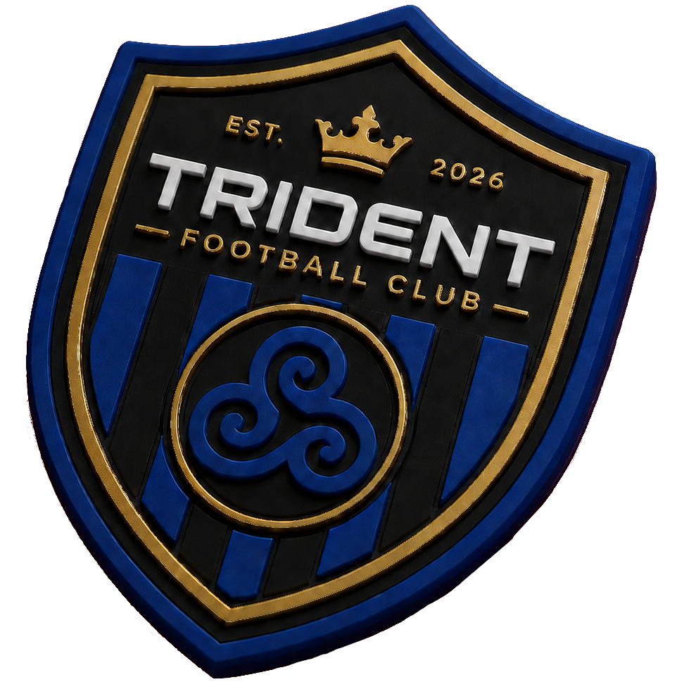 A 3D shield-shaped emblem for Trident Football Club, established in 2026, featuring black, blue, and gold colors, a crown symbol at the top, and the initials S in a circular design at the bottom.