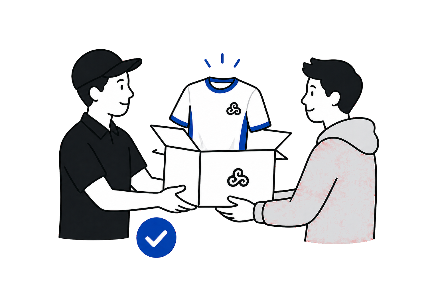 Two young men exchanging a box, one wearing a black cap and shirt, the other in a hoodie, with a gaming jersey in a box behind them.