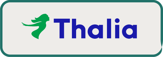 Logo with the word Thalia and a stylized green silhouette of a woman with flowing hair on the left.