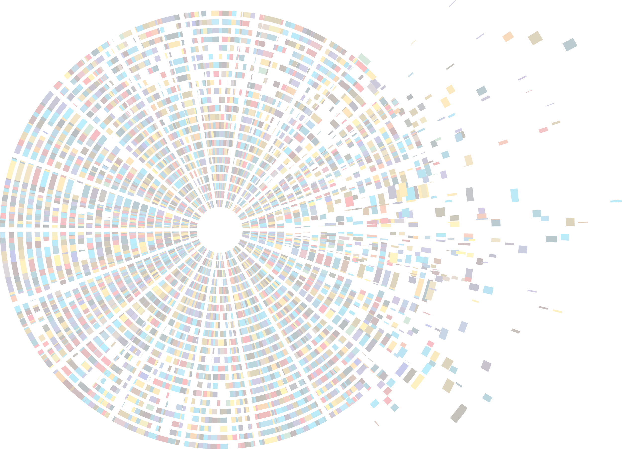 Colorful digital mosaic with circular and square patterns radiating from the center on a black background
