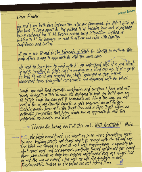 From the Backcover of Practical AI Style, a photo of a handwritten letter on yellow-lined paper, discussing AI and writing style, signed by Mike.