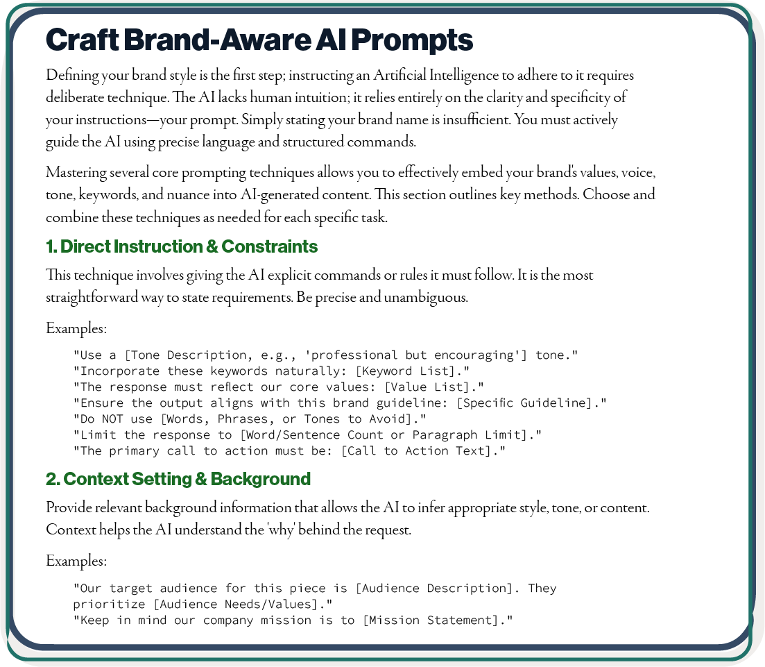 Page titled 'Craft Brand-Aware AI Prompts' with text explaining how to instruct AI using direct commands, constraints, and background information for brand tone and style.