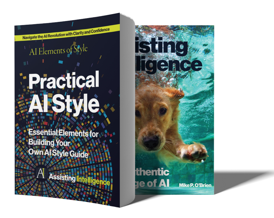 Two books with colorful covers. The first book titled 'Practical AI Style' features a dark background with a vibrant, circular, pixelated pattern and text about AI style and intelligence. The second book, partially visible, shows a dog swimming in water, with text about AI listing and intelligence.