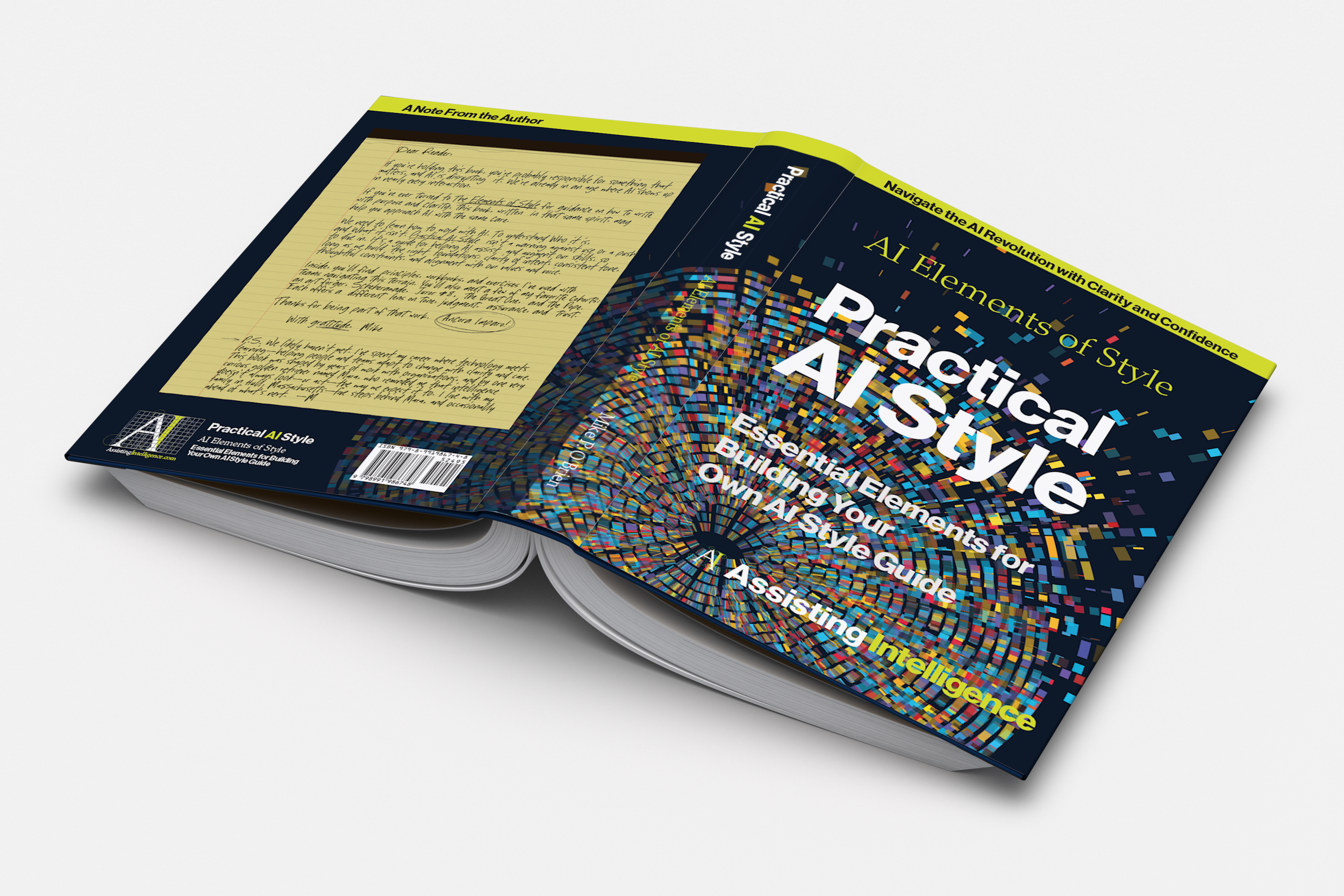 Open book showing the title page of 'Practical AI Style: Elements of Style Essential for Building Your Own AI Style Guide' with colorful mosaic design and a note from the author.
