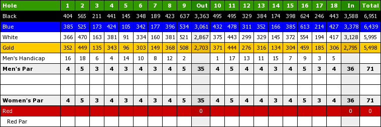 Scorecard for a golf course hole with details for all players, including categories for Black, Blue, White, Gold, Men's Handicap, Men's Par, Women's Par, and Red, with scores and totals listed in the columns.