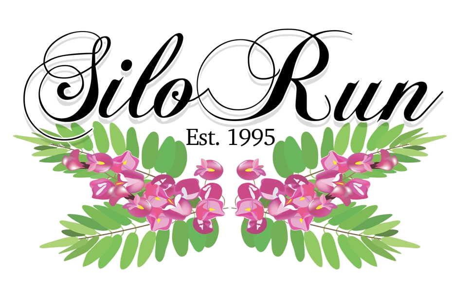 Logo for Silo Run with floral design, including pink flowers and green leaves, and text stating "Est. 1995".