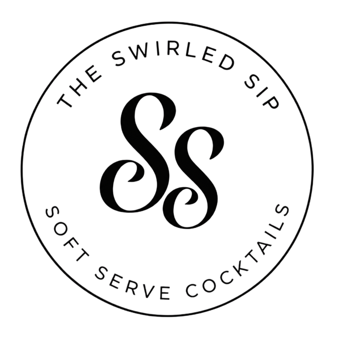 Black and white circular logo with the text "The Swirled Sip" at the top and "Sofft Serve Cocktail" at the bottom. The center features stylized initials "SS" in a decorative font.