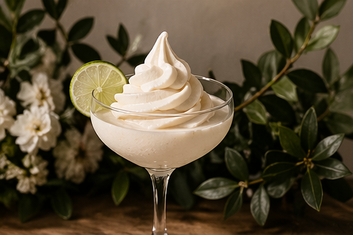 A glass of creamy dessert topped with whipped cream and a lime wedge, with green foliage in the background.
