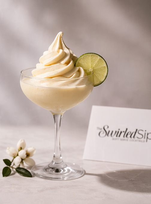 A cocktail glass filled with a creamy, yellowish frozen drink garnished with a lime slice and a swirl of soft-serve ice cream, placed on a light gray surface with a small white flower and a card reading 'The Swirled Sip' in the background.