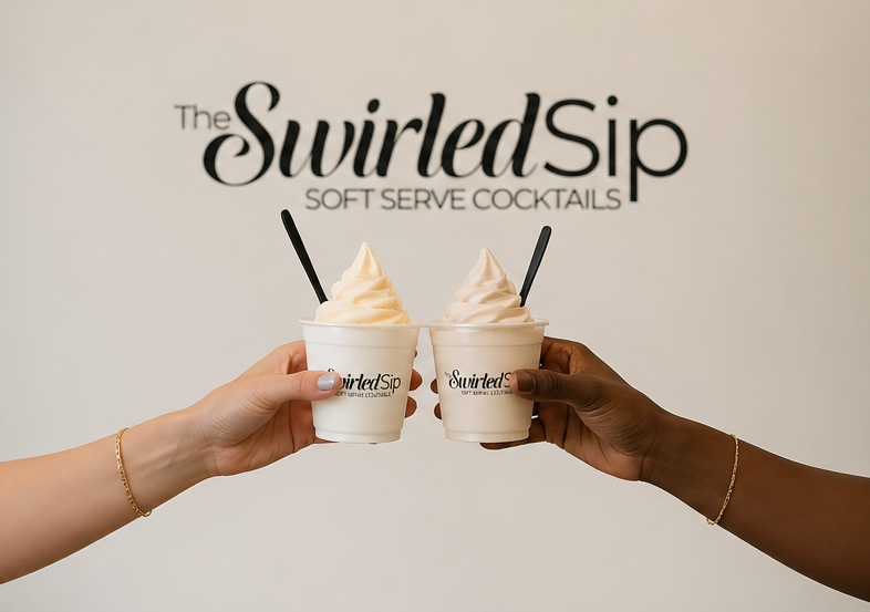 Two people holding cups of soft serve ice cream with swirled tops and straws, standing in front of a wall with the store's name, 'The Swirled Sip,' and the text 'Soft Serve Cocktails.'