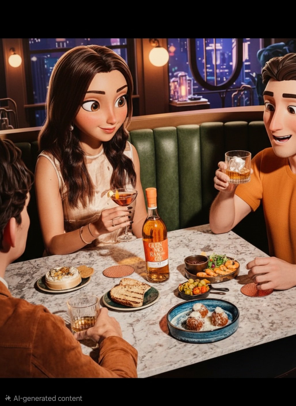 Animated group of friends having drinks and snacks at a restaurant table with city skyline view at night.