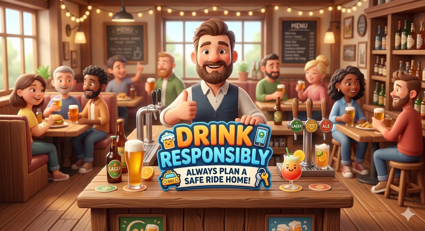 Animated scene inside a cozy bar or pub with a bartender in the foreground promoting responsible drinking, with a diverse group of people sitting at tables and enjoying drinks, and a large sign that reads 'Drink Responsibly: Always Plan a Safe Ride Home!'