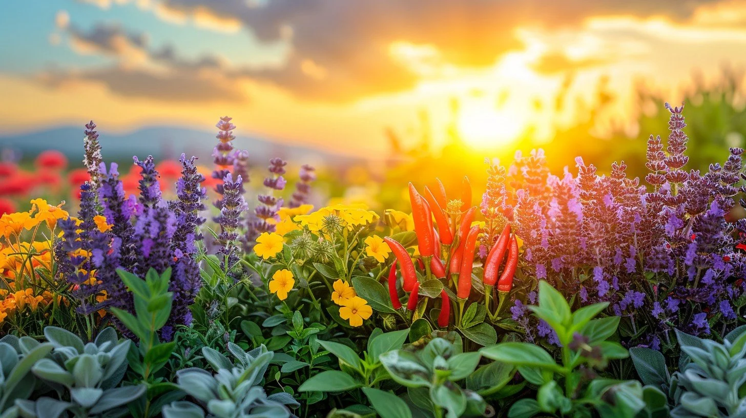 Colorful flowering plants including purple lavender, yellow primroses, and red chili peppers in front of a sunset sky