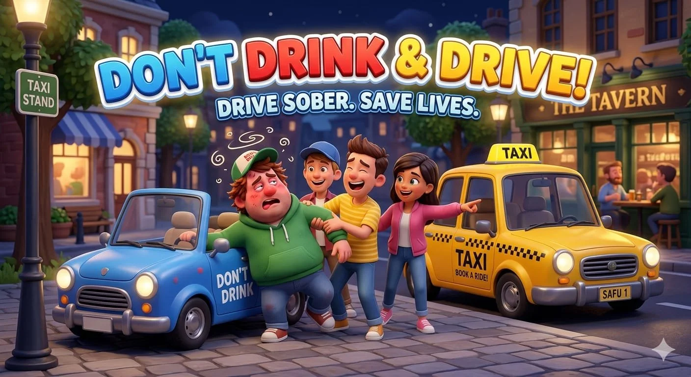 Animated scene showing a woman pointing at a yellow taxi, a man looking sick in a blue car with a sign that says 'Don't Drink,' and three happy people, during the night in a city square with buildings and outdoor tables.