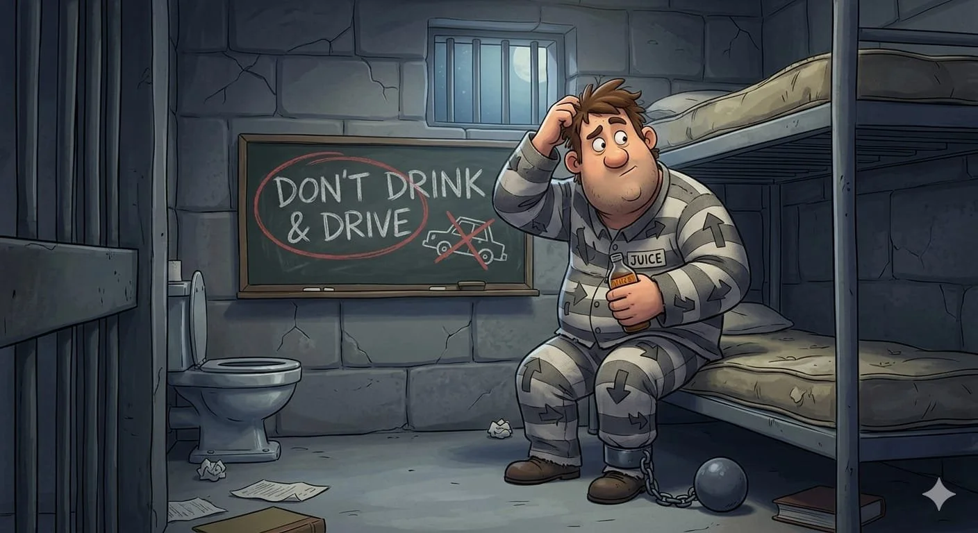 A cartoon illustration of a man in prison clothes sitting on a bunk bed in a jail cell, scratching his head. He holds a bottle labeled 'JUICE,' with a chain and ball attached to his ankle. Behind him, a blackboard reads 'DON'T DRINK & DRIVE' with a picture of a crossed-out car. The cell has cracked walls, a toilet, scattered papers, and a small window showing a moonlit sky.