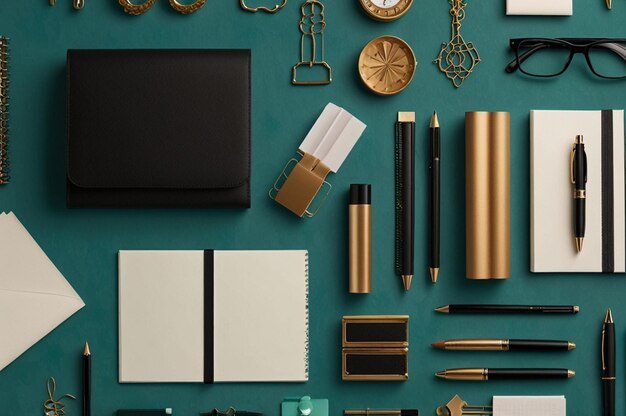 Flat lay of black, white, and gold office supplies including notebooks, pens, lipstick, scissors, rings, a pair of black glasses, and other small accessories arranged on a teal background.