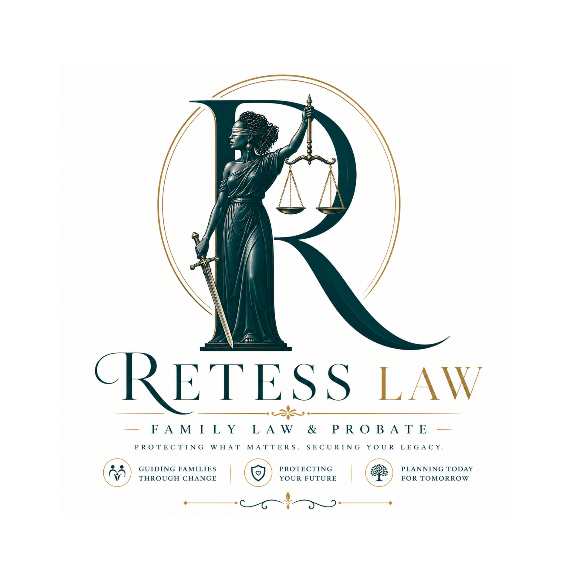 Logo featuring Lady Justice with scales and sword, with text promoting a family law practice focused on protecting legacies, guiding families through change, and planning for the future.