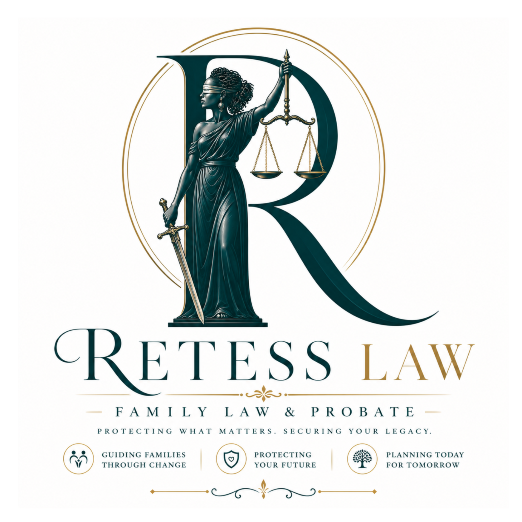 A logo for Retreats Law featuring a statue of Lady Justice holding scales and a sword, with a large letter R in the background and slogans about family law, probate, and estate planning.