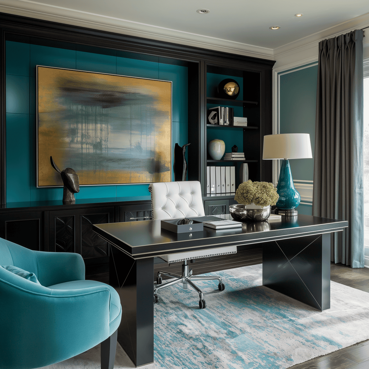 Modern office with a black desk, white tufted office chair, turquoise armchair, and a navy blue and teal accent wall with built-in shelves and artwork.