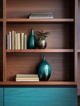 Wooden bookshelf with books and decorative vases, two teal and one brown, arranged on three shelves.