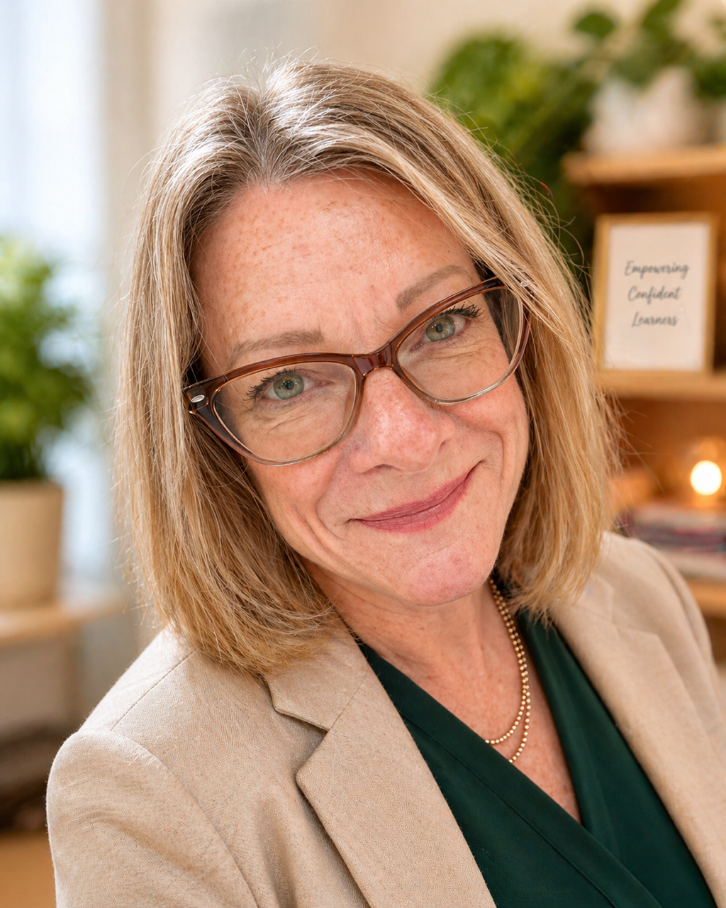 A smiling woman with shoulder-length blonde hair and glasses, wearing a beige blazer and dark green top, in an indoor setting with plants and a blurred sign in the background.