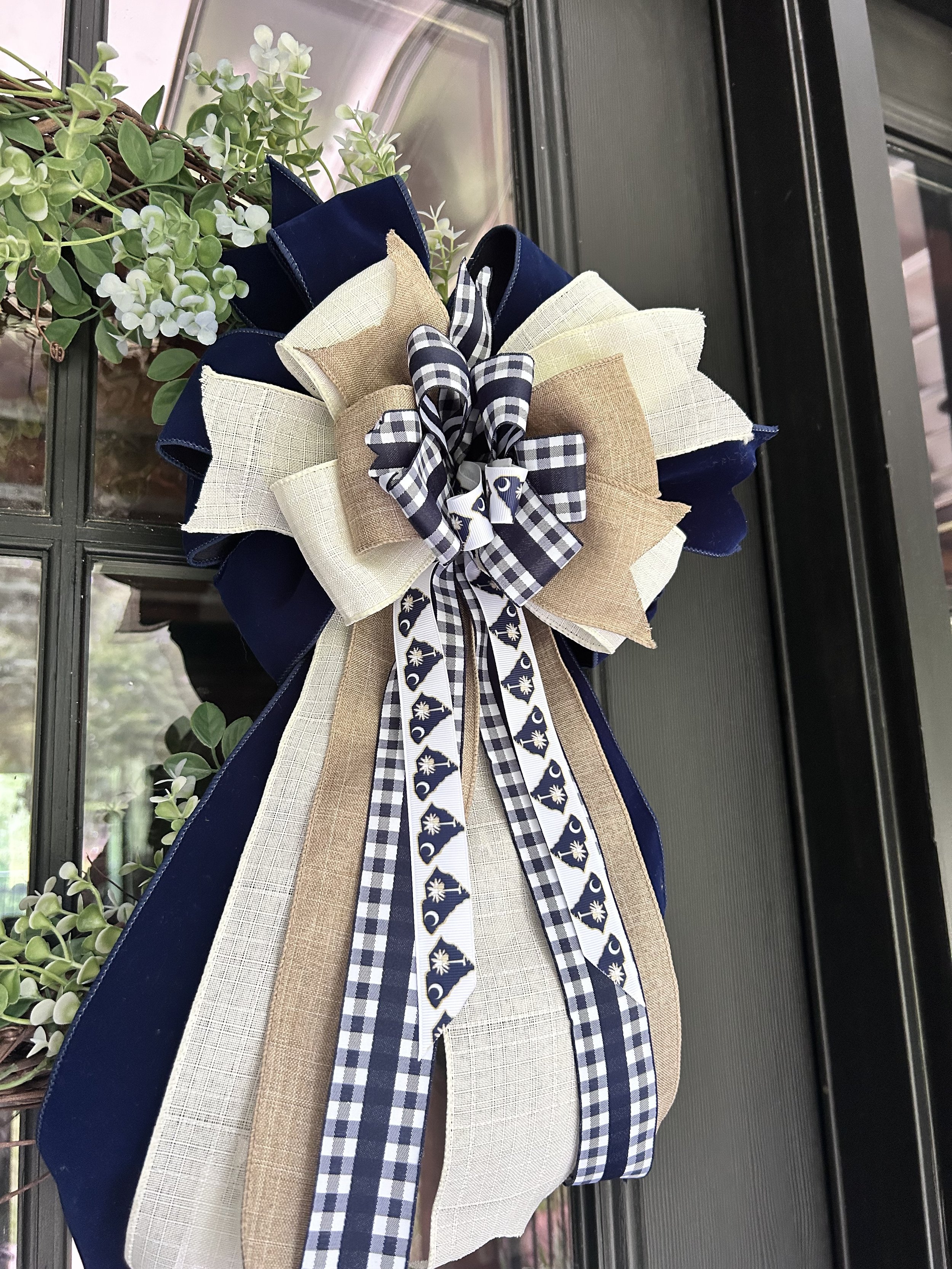Handcrafted Palmetto Gingham Bow with navy gingham, natural linen and ivory ribbon