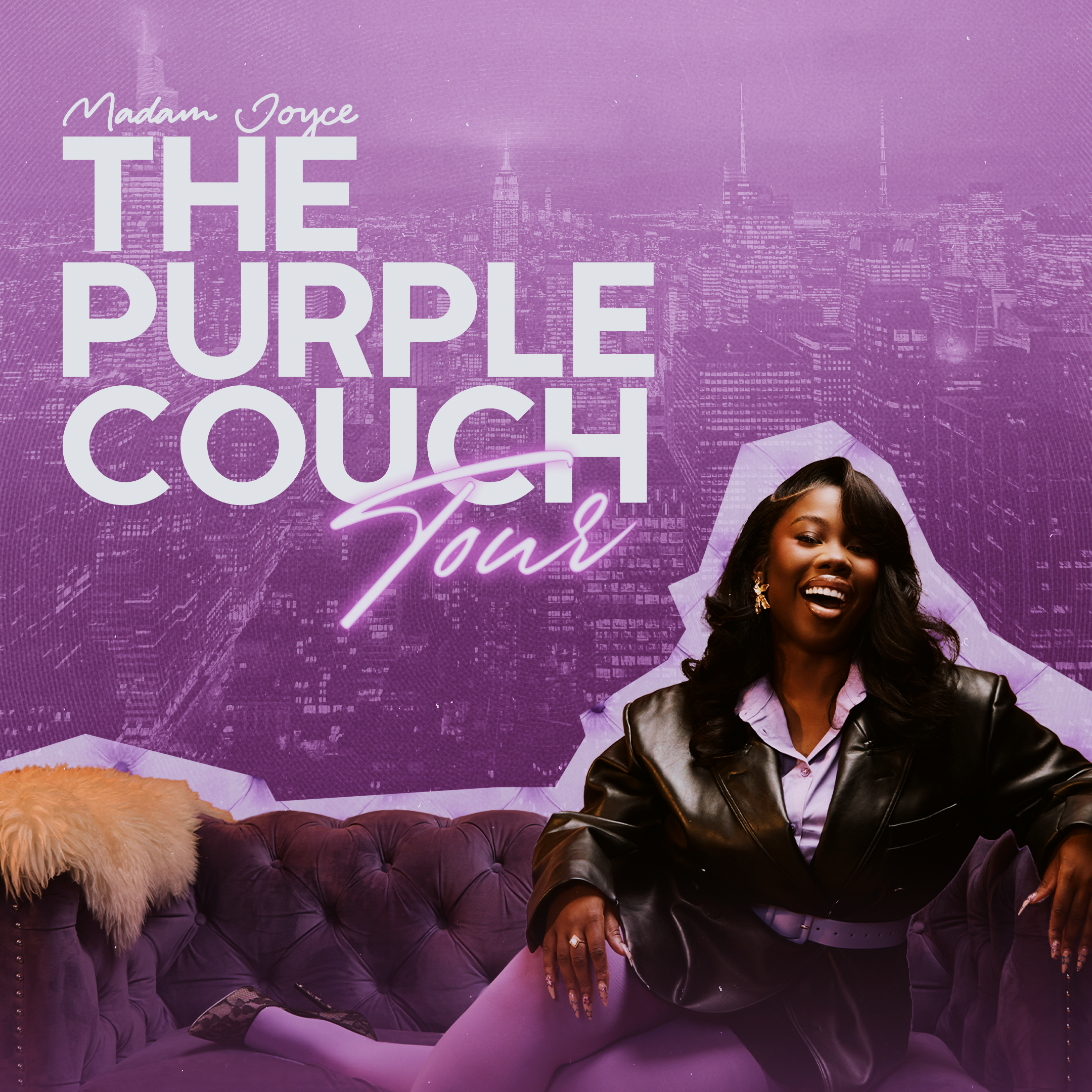 A woman with dark hair and a bright smile sitting on a purple tufted sofa, wearing a black leather jacket and purple top, against a purple cityscape background with city buildings and a neon sign.